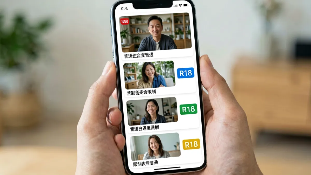 手机屏幕展示不同类型视频内容的标签与分级标注，帮助用户识别h视频的内容类别
