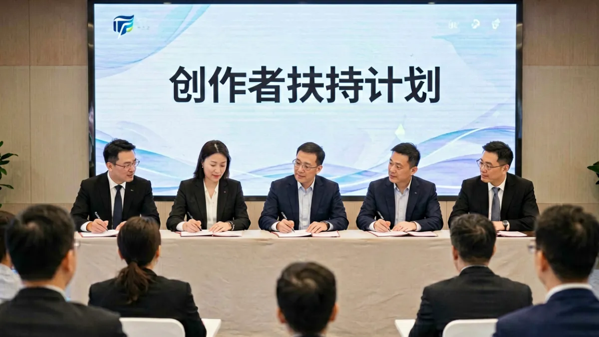 h视频创作者扶持计划发布现场，多位嘉宾在台上签署合作协议